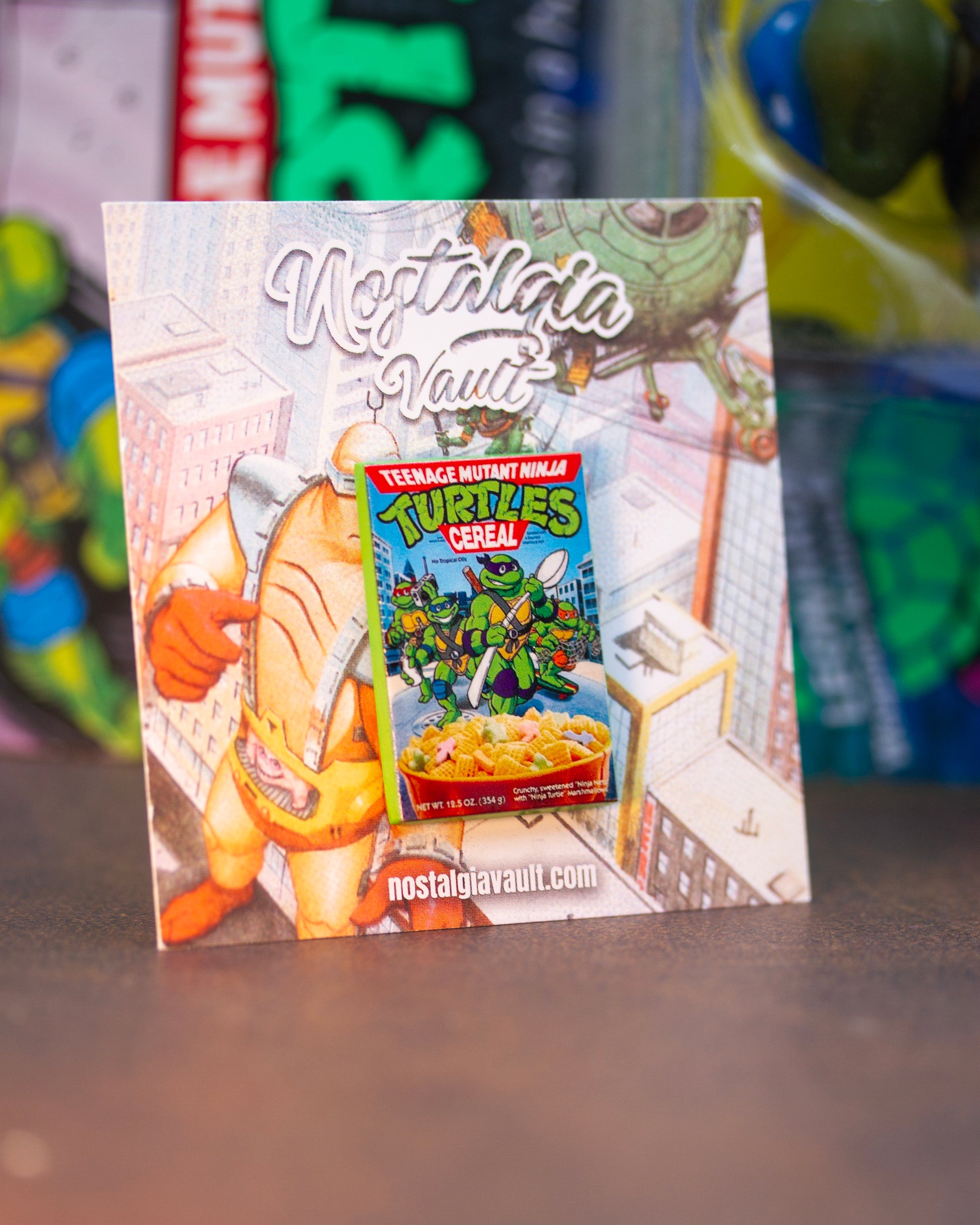 Ninja Turtles enamel pin with TMNT of the infamous cereal box from the 90's with TMNT backing card